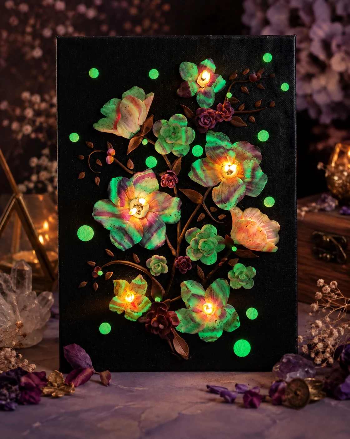 Midnight Sakura floral wall art glowing in dark mode